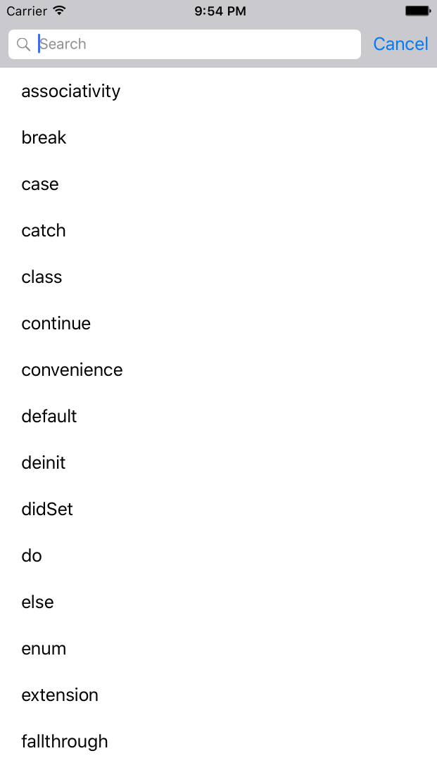 'Search results table showing a list of swift keywords'