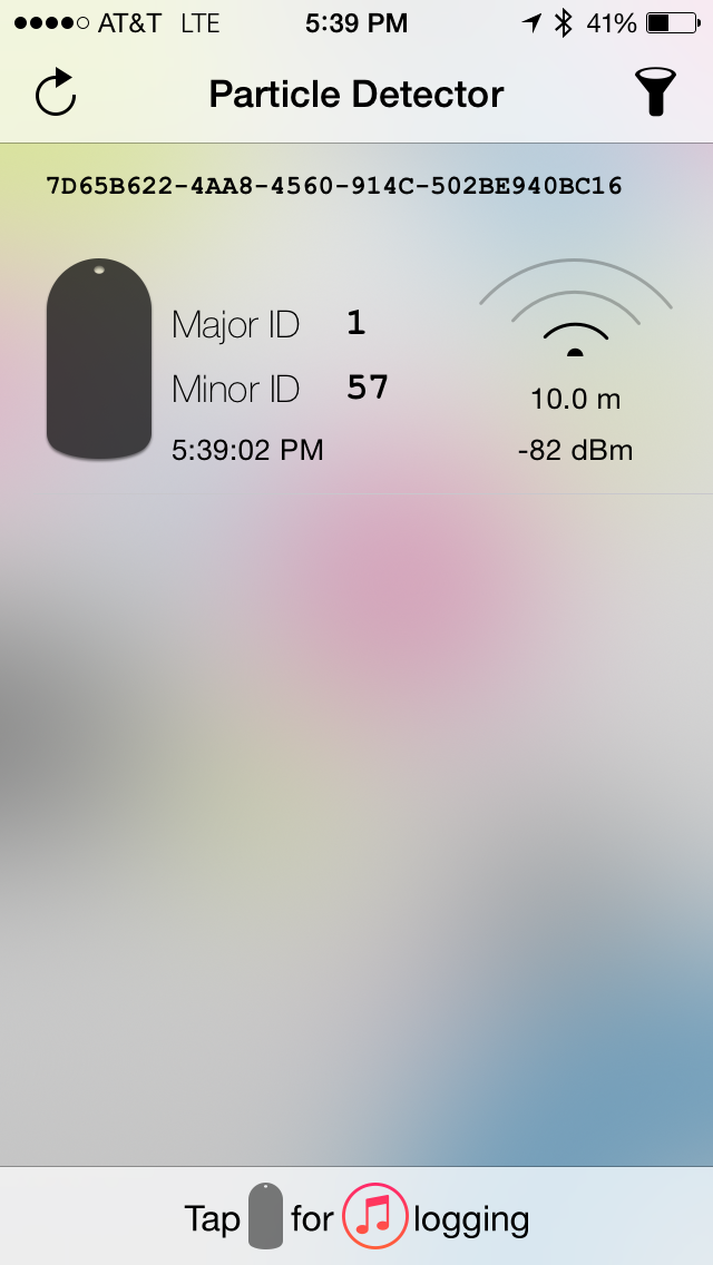 'an image of the Particle Detector app showing my device'